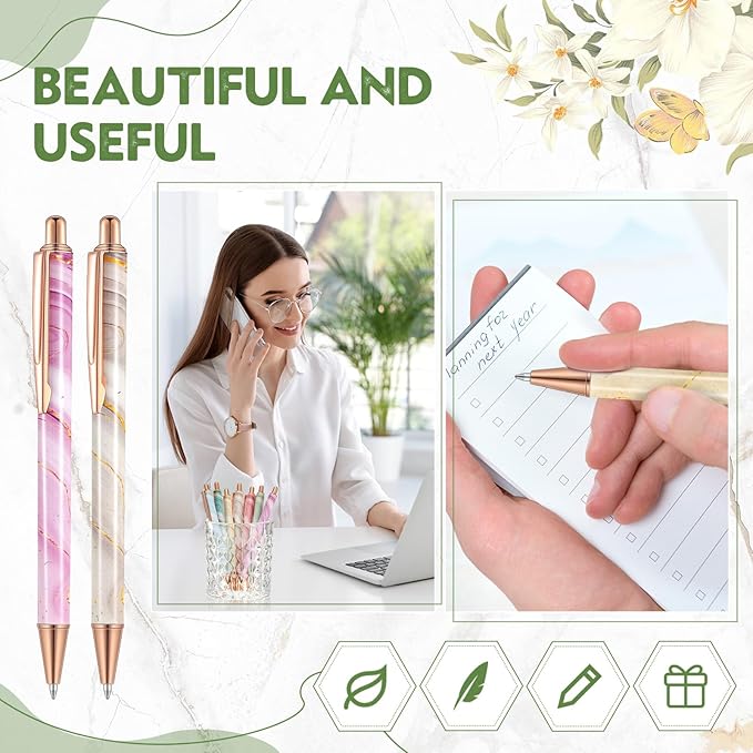 Sherr 7 Pcs Fancy Pens for Women Cute Sparkly Glitter Pens with 10 Pcs Black Ink Refills Pretty Gifts for Girls Office School Christmas Graduation(Colorful,Marble)