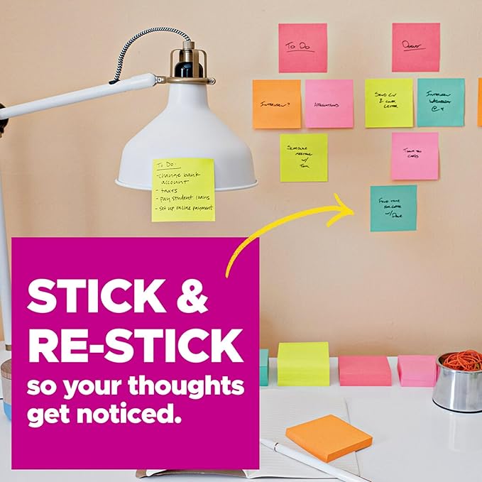 Post-it Super Sticky Lined Notes, 6 Sticky Note Pads, 4 x 4 in., School Supplies, Office Products, Sticky Notes for Vertical Surfaces, Monitors, Walls and Windows, Canary Yellow