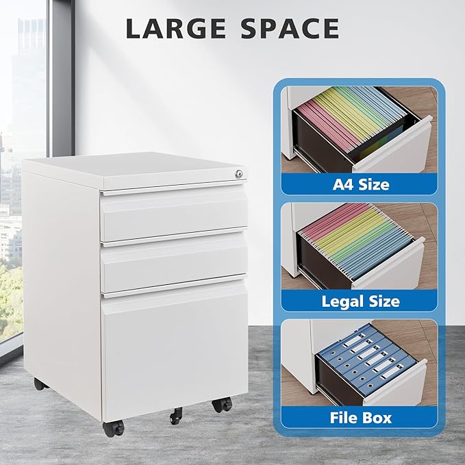 3 Drawers File Cabinet with Lock Metal Vertical File Cabient with Wheels Mobile File Cabinet for Office Home Fully Assembled (White)