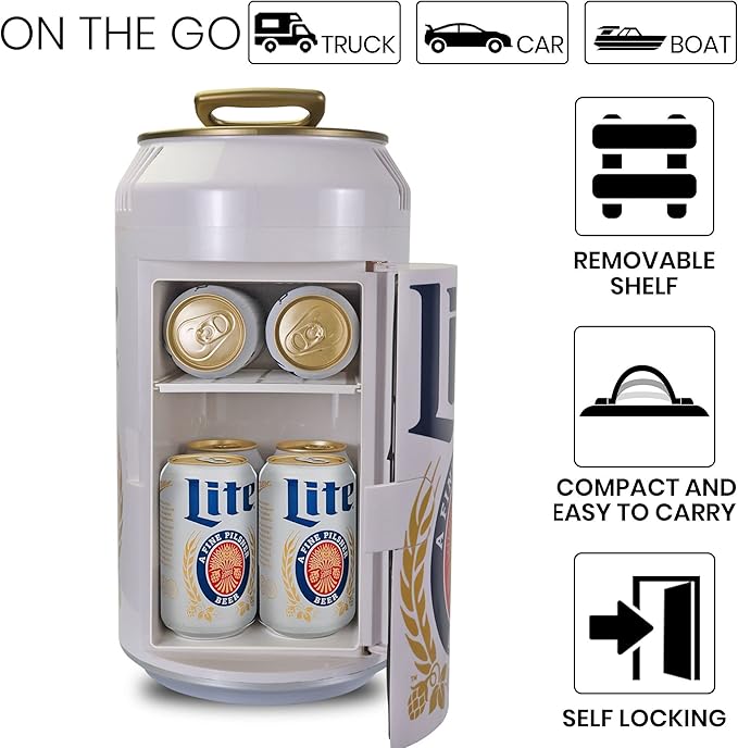 Miller Lite Mini Fridge - Refrigerator for Bedroom Office, Portable Table Top Beverage Cooler, 12V 110V Refrigerador For Drinks, Soda, Wines, Use In Car, Outdoor, Patio, 8 Can