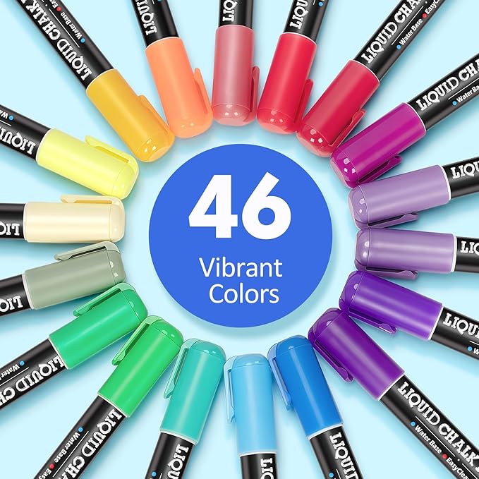 BainGesk 46 Colors Liquid Chalk Markers, Dust-Free Erasable Pens for Blackboards, Chalk Markers for Chalkboard, Windows, Glass, Mirror, Acrylic Dry Erase Board, 6mm Reversible Bullet & Chisel Tip