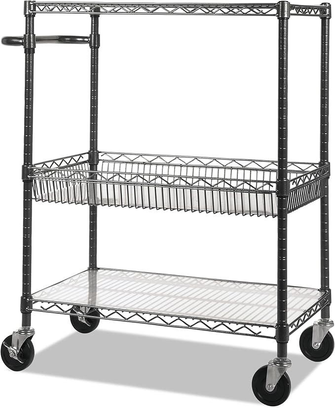 Alera Three-Tier Wire Cart, 34" x 18" x 40", Black