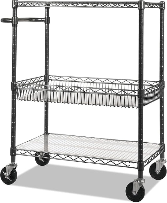 Alera Three-Tier Wire Cart, 34" x 18" x 40", Black