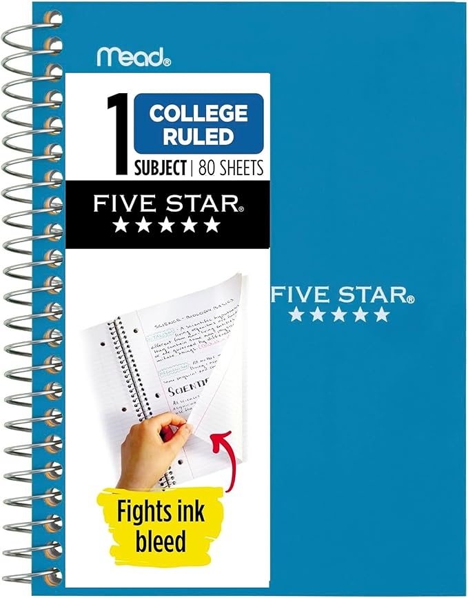 Five Star Spiral Notebook, 1 Subject, College Ruled Paper, 7" x 4-3/8", Personal Size, 80 Sheets, Blue (450048CG1-ECM)