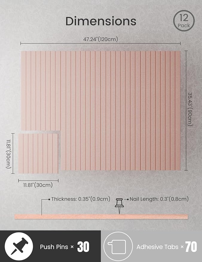 Bumusty Large Cork Board Alternative-47 x35 Felt Bulletin Board Tiles, with 30 Pushpins, 70 Adhesive Tabs, 12-Pack Slat Wall Paneling, Cork Boards for Office Push Pin Board Felt Board-Coral