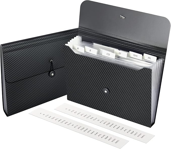 7 Pocket Expanding File Folder with Tab Inserts, Accordian File Organizer Document Receipt Organizer, Accordion Folder File Keeper A4 Letter Size, for School Home Office, Black(Pack of 2)
