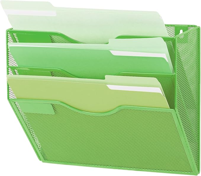 EASEPRES 3 Pocket Mesh Hanging Wall File Organizer, Wall Mounted Mail Paper Document Folder Holder, Clipboard Storage Organization Magazine Rack with Nametag Label for Office Home School, Green