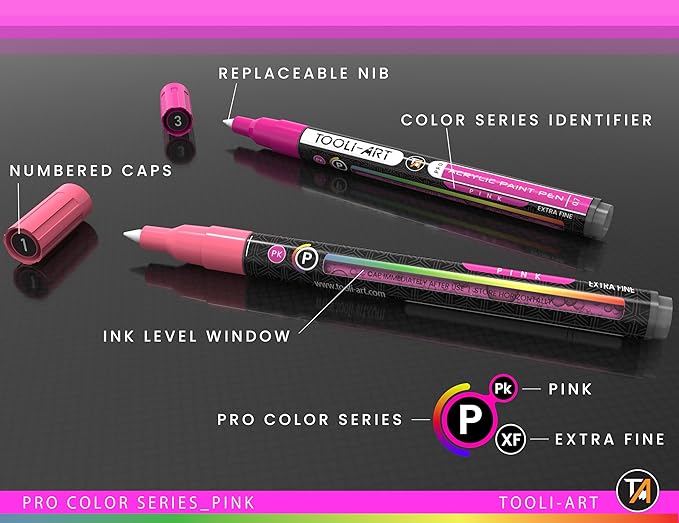 Acrylic Paint Pens 22 Pink Tones Assorted Pro Color Series Markers Set 0.7mm Extra Fine Tip for Rock Painting, Glass, Mugs, Wood, Metal, Canvas, Projects, Non Toxic, Waterbased, Quick Drying