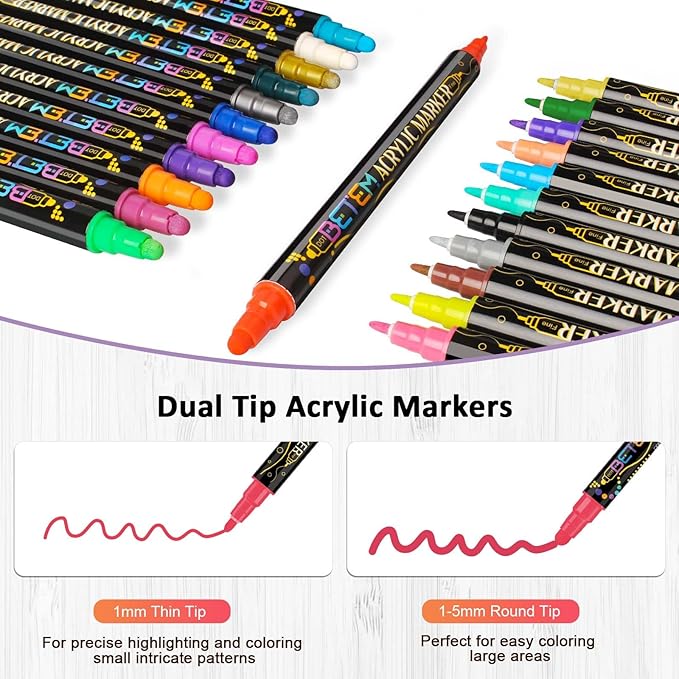 Betem 60 Colors Dual Tip Acrylic Paint Pens Markers, Premium Acrylic Paint Pens for Wood, Canvas, Stone, Rock Painting, Glass, Ceramic Surfaces, DIY Crafts Making Art Supplies