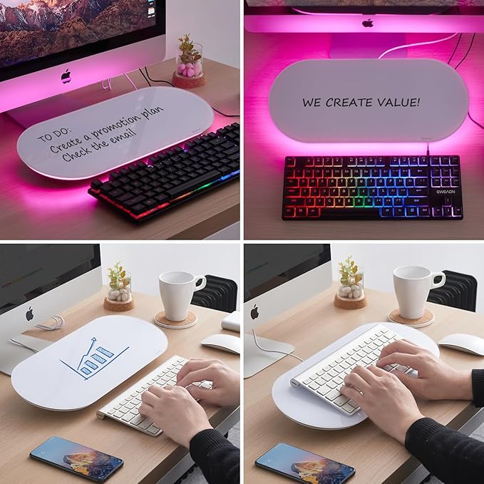 TSJ OFFICE Glass Desktop Whiteboard - 17 X 7 Inches Small Dry Erase Board with Pink Light, Glass White Board Surface Notepad with 1 Drawer, Desk Organizers for Office, Home, School Supplies