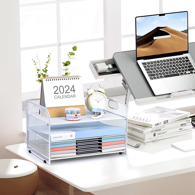 3-Tier Letter Tray Paper Organizer with Handle,Compact Mesh Desk File Organizer for Home Office Supplies Desktop Accessories,White