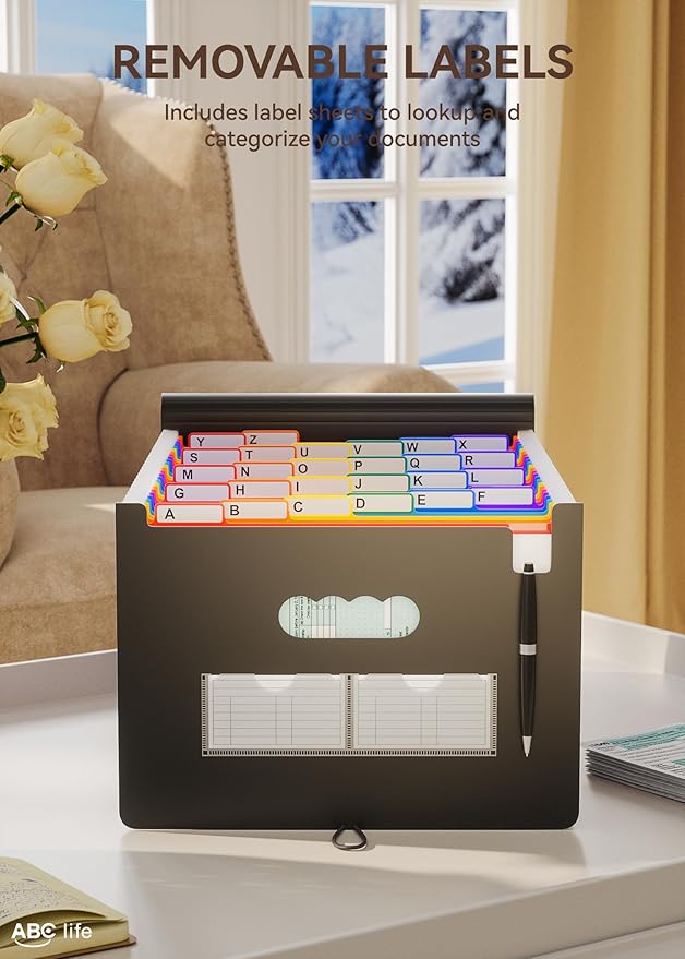 ABC life 26 Pockets Accordion File Organizer, Expanding File Folders, Portable Monthly Bill Receipt Organizer with Colorful A-Z Tabs, Desktop Folders Letter A4 Paper Document Storage for Home Office