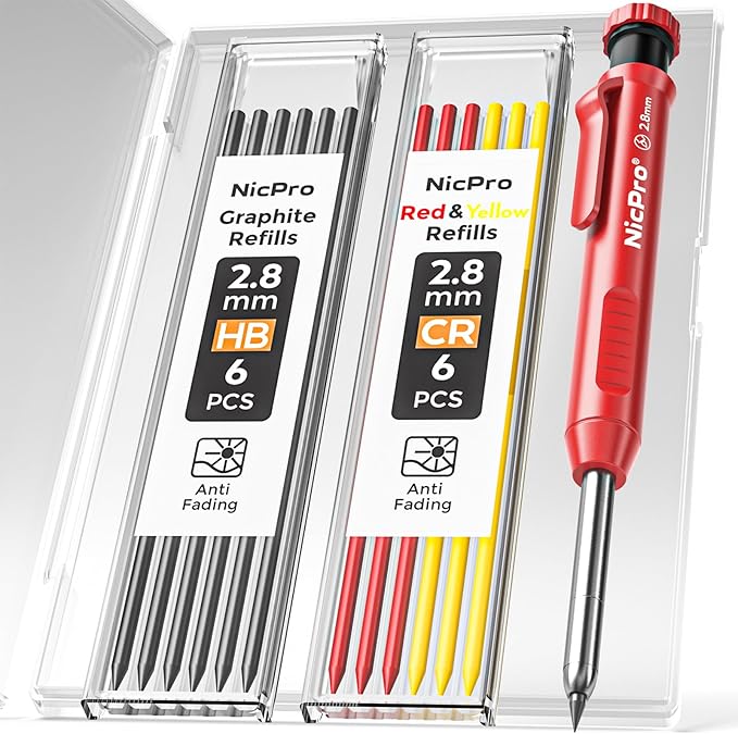 Nicpro CP1000 Carpenter Pencil with Sharpener, 2.8 mm Mechanical Pencils with 13 Refills, Deep Hole Marker for Construction, Heavy Duty Woodworking Pencil, Carpenter Tools for Architect Marking