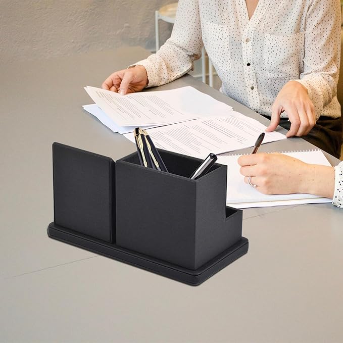 Pu Leather Desk Pen/Pencil Organizer Multi-Function Cell Phone/Remote Control Storage Box with 3 Compartments Office Supplies Sticky Note Tray Business Cards Holder,Black