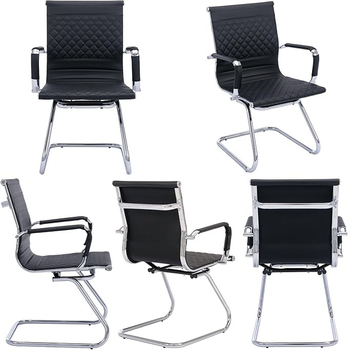 Office Guest Chairs - Reception, Waiting Room & Conference Room Set of 2 - Mid Back, Modern PU Leather Desk Chairs, Black