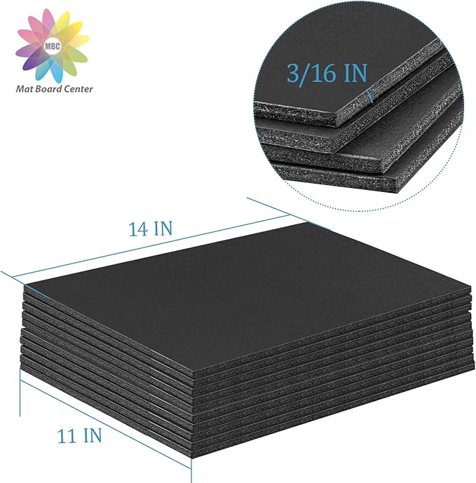 Mat Board Center, Pack of 10 Acid-Free Foam Boards, 11x14 inch Black Foam Boards, 3/16" Thick