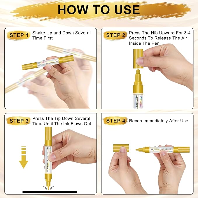 Paint Markers Paint Pens - 2 Pack Dual Tip Acrylic Permanent Marker (0.7mm & 3mm), Non-Toxic, Water-Based for Art Painting, Stone, Ceramic, Glass, Wood, Fabric, Metal, DIY Crafts (Gold)
