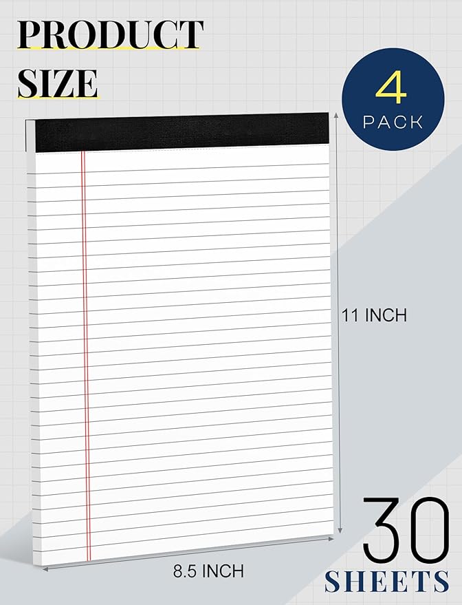 Note Pads 8.5 x 11 Wide Ruled Lined Writing Note Pad for Office 4 Pack White Legal Pads 8.5 x 11", 30 Sheets per White Notepad 28 Lines Lined Paper Pads for School Perforated Legal Notepads for Work