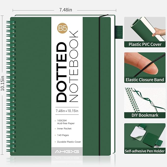 AHGXG Bullet Dotted Journal - Dot Grid Spiral Notebook B5, 140 Pages, 100 GSM Thick Paper, Waterproof Plastic Cover Journals for Bullet Journaling, Sketching, 7.6" x 10", Green