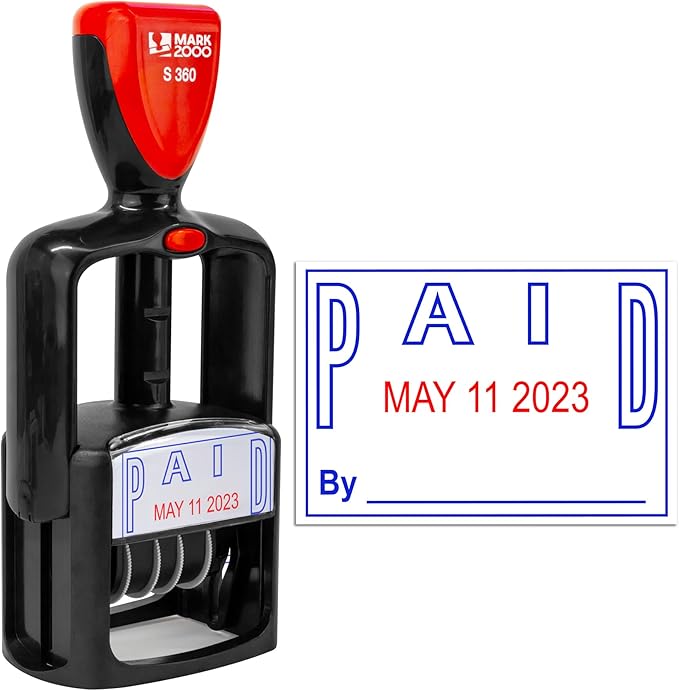 Self-Inking Rubber Date Office Stamp with Paid Phrase - Blue Ink & Date Red Ink - 12-Year Band