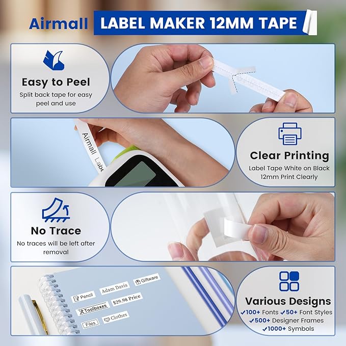Airmall Tze 12mm 0.47 Laminated White Label Maker Tape Refill Compatible with Brother Ptouch Tape 12mm 0.47 White TZe-231 TZe231 for PT-D220 1180 1280 1290 1750 1830, 8 Pack