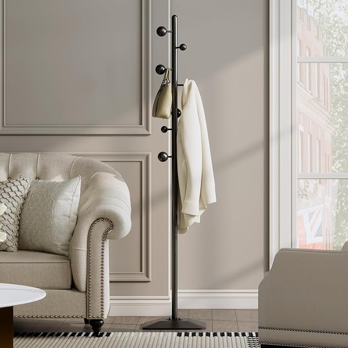 Metal coat rack stand with geometric shape metal base,Heavy duty coat rack freestanding with 7 ball hooks,Coat racks tree hats hanger holder stand for entryway, hallway, bedroom