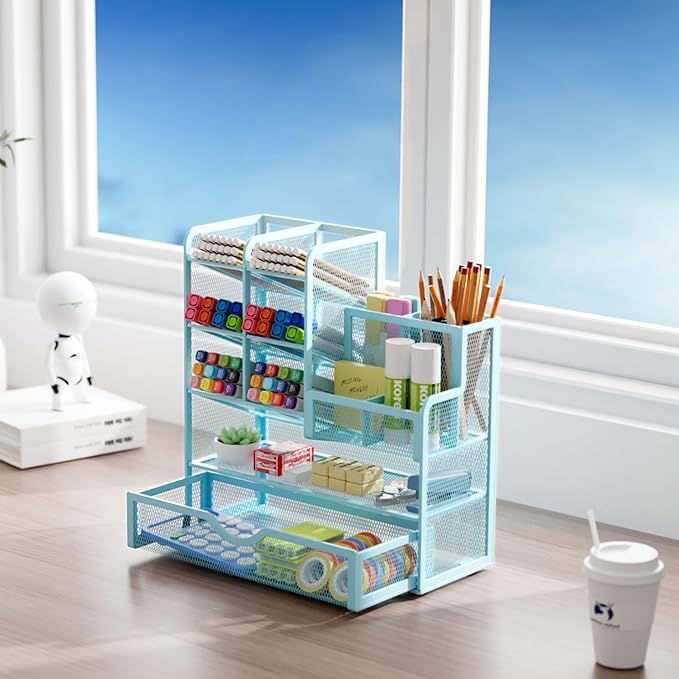 Marbrasse Mesh Pen Holder for Desk, Multi-Functional Pencil Organizer with Drawer, Desk Organizers and Accessories for Office Art Supplies (Blue)