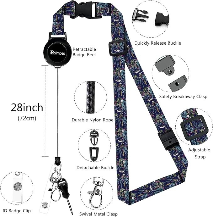 Floral Badge Holders, Vertical PU Leather ID Card Name Bdge Holder with Detachable Neck Lanyard Strap and Retractable Badge Reel Metal Clip Sturdy Buckle for Key Wallet (Wildflower)