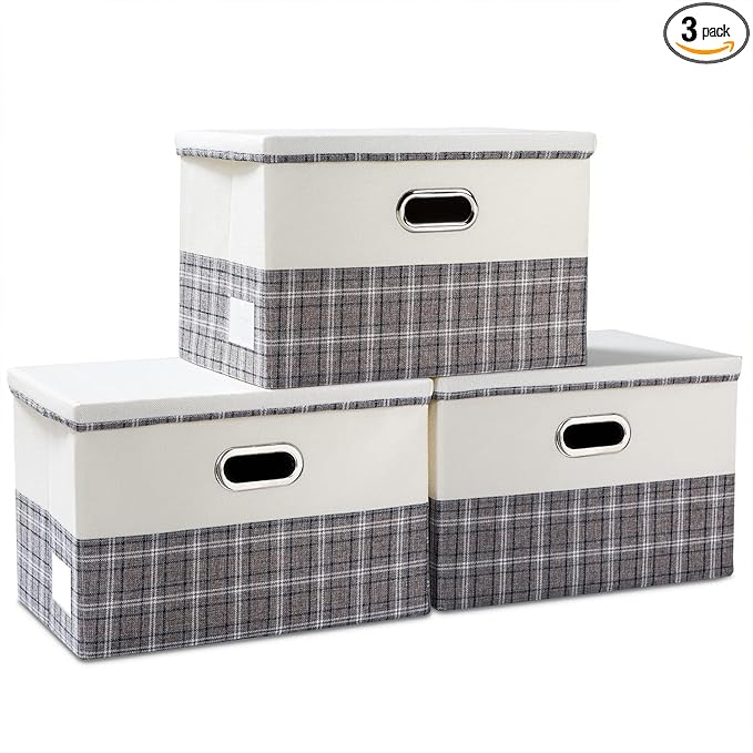 PRANDOM Large Collapsible Storage Bins with Lids [3-Pack] Fabric Foldable Storage Boxes Organizer Containers Baskets Cube with Cover for Home Bedroom Closet Office Gray plaid & Cream(17.7x11.8x11.8)