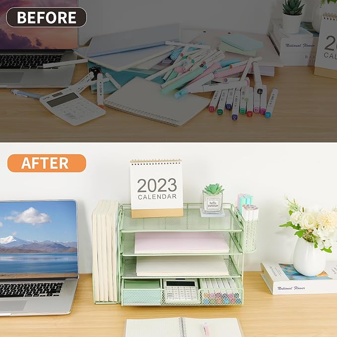 Desk Organizers and Accessories, Desk Accessories & Workspace Organizers for Office Supplies, File Organizer Desk Drawer Organizer with 2 Pen Holders, 4 Tier Paper Organizer for Desk(Green)