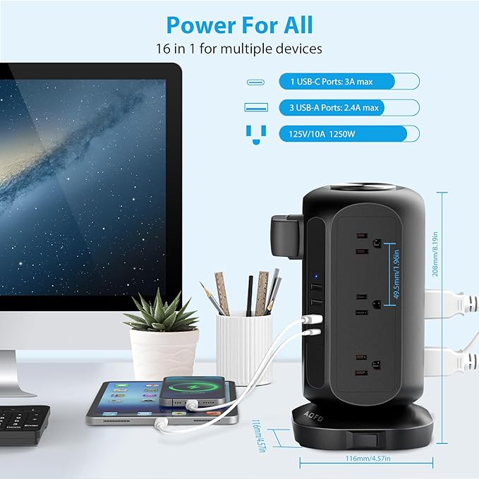 Power Strip Tower AOFO Surge Protector 12 AC Outlets with 4 USB(1 USB C) Ports Charging Station with Overload Protection, Widely Spaced Multiple Outlets with 10Ft Extension Cord for Home,Dorm & Office