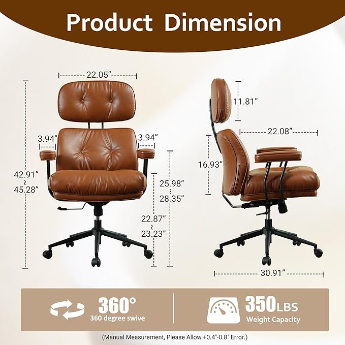 Faux Leather Executive Office Chair - Big and Tall Ergonomic Home Office Chair,Reclining Computer Desk Chair with Lumbar Support,Adjustable Task Chair Swivel Rolling PC Chair with Wheels,Browm,PU