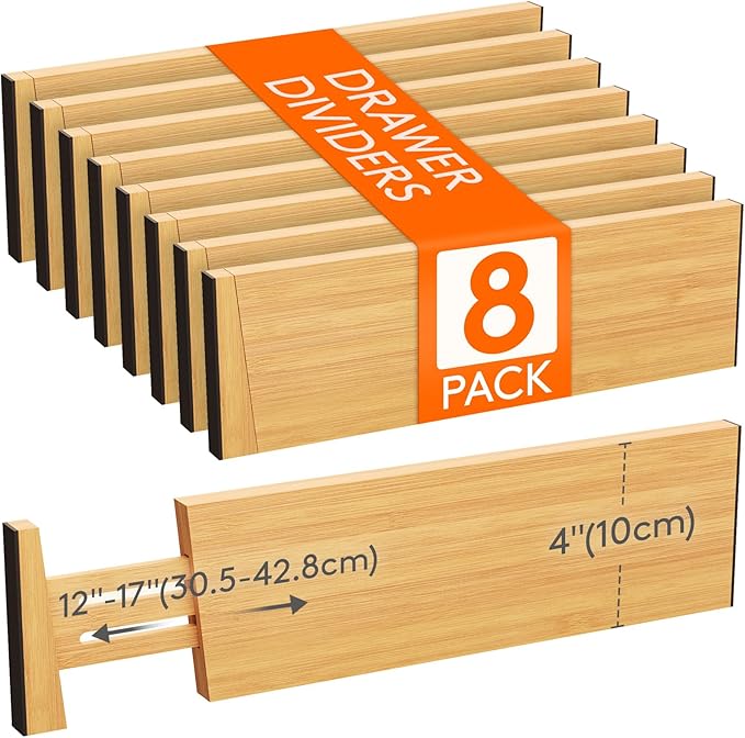Lifewit 8 Pack Drawer Dividers Bamboo 4" High, 12-17" Adjustable Drawer Organizers for Clothes, Expandable Dresser Separators in Bedroom/Bathroom/Kitchen/Fridge/Office Organization and Storage