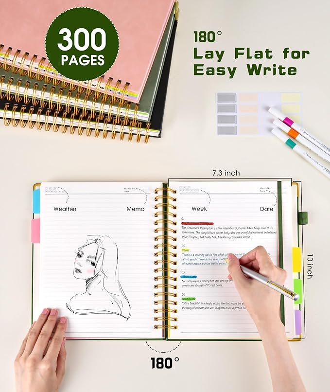 Hardcover Spiral Notebook journal with Removable Dividers Tabs, 300 Pages Leather 5 Subject Notebook College Ruled, 100GMS A5 Notebooks for Work School Note taking,Lined Journal for Women,A5-Green