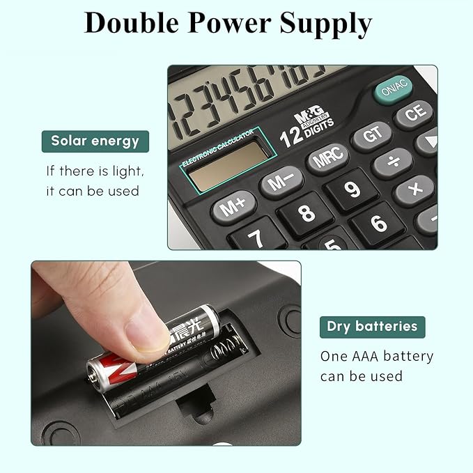 M&G Desk Calculator 12 Digit Office Calculators with Large LCD Display, Dual Solar Power and Battery, Recessed Big Button Calculator for Office Home School (Black)