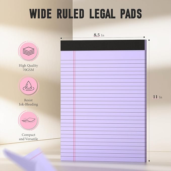 Colored Legal Pads, 3 Pack Writing Pads 8.5 x 11, Wide Ruled Legal Notepads, Lined Pads of Paper 8.5 x 11, Blue/ Purple/Green Note Pads, 30 Sheets Per Legal Pads for School, College, Office, Home