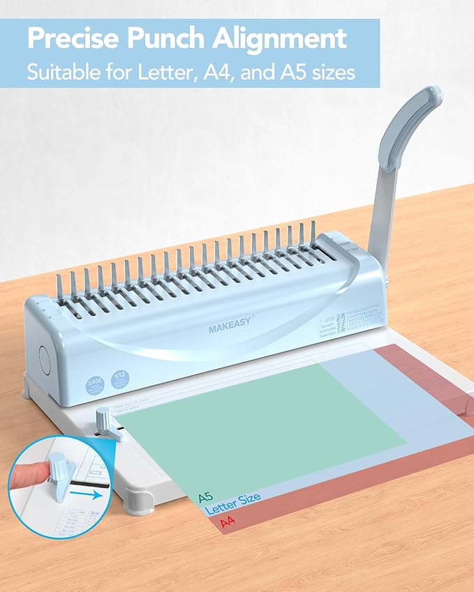 MAKEASY Binding Machine, 21-Hole, 450 Sheets, Comb Binding Machines with 1 Box Comb Bindings Spines, Comb Binder for Letter Size, A4, A5 Paper