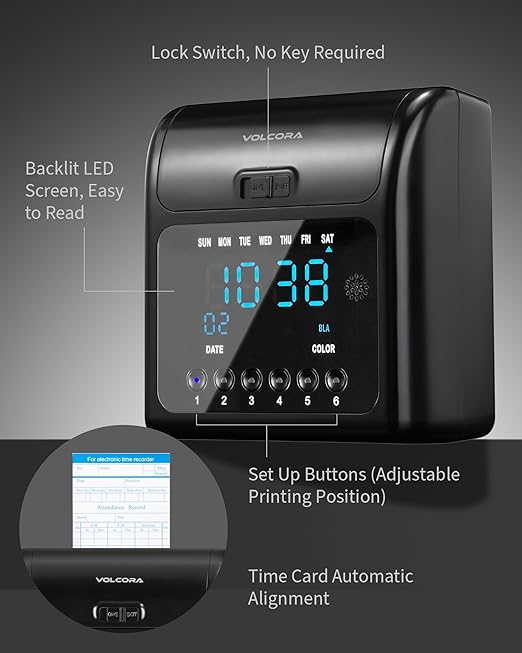 Volcora Time Clock for Employees with 150 Time Cards, 1 Ink Ribbon, 1 Rack, Punch Time Clocks Machine for Small Business with Backup Battery, Punch Clock No Key and Network Need, for Office, Retail