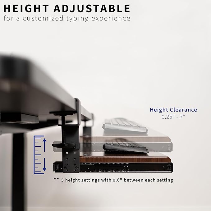 VIVO Large Height Adjustable Under Desk Keyboard Tray, C-clamp Mount System, 27 (33 Including Clamps) x 11 inch Slide-Out Platform Computer Drawer for Typing, Dark Walnut, MOUNT-KB05HD