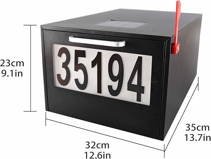 Black Post Mount Mailbox - 2 Lighting Modes Solar Numbers Light Large Capacity Infrared Sensor Illuminated at Night - Iron Numbers Mail Box Outdoor