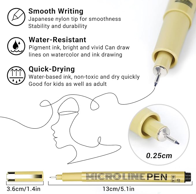 KERIFI 01 Fineliner Ink Pens, 0.25mm Black Micro Fine Point Drawing Pens Waterproof Archival Ink Multiliner Pens for Artist Illustration, Sketching, Technical Drawing, Zentangle, Scrapbooking (6 Pack)