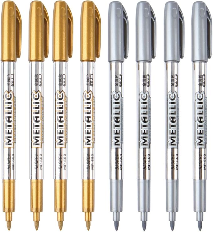 MYARTOOL Metallic Marker Pens, Gold and Silver Metallic Permanent Markers for Artist Illustration, Crafts, Gift Card Making, Scrapbooking, Fabric, DIY Photo Album, Value Set of 8