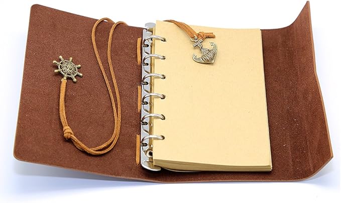 EvZ Leather Writing Journal Notebook, 5 Inches Vintage Nautical Spiral Blank String Diary Notepad Sketchbook Travel to Write in, Unlined Paper, Retro Pendants, Classic Embossed, Grey