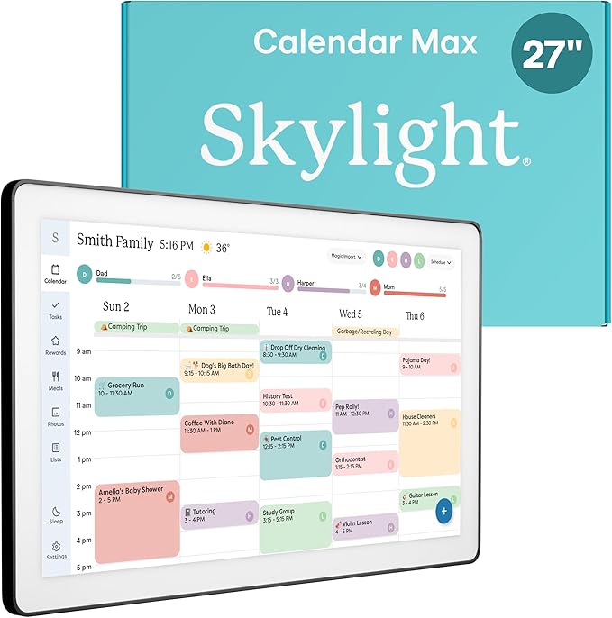 Skylight Calendar Max: 27-Inch Smart Digital Calendar & Chore Chart, Family Organizer with Interactive Touchscreen Display – Wall Mountable in Portrait or Landscape, Charcoal Shadowbox Frame