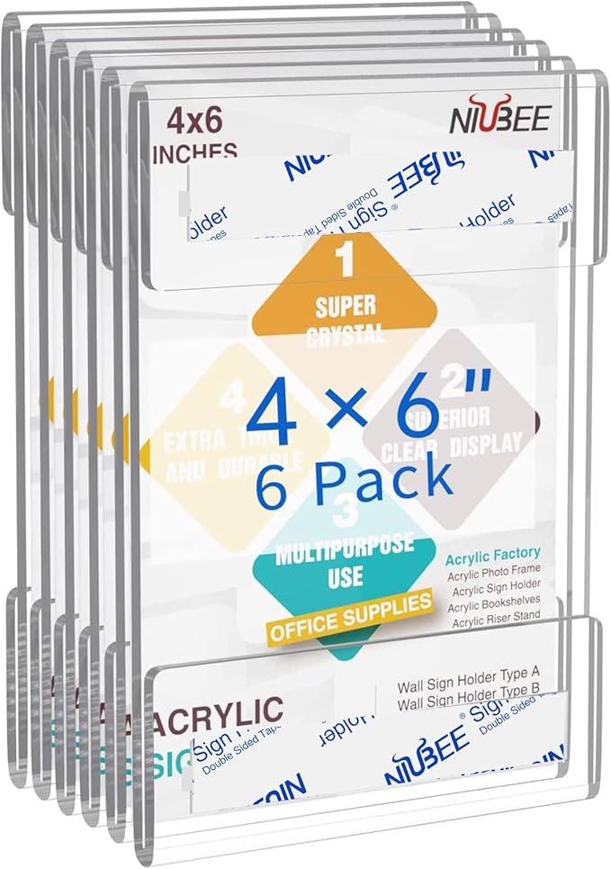 Niubee 4 x 6 inch Wall Mount Acrylic Sign Holder with Double Sided Adhesive Tape for Office, Home, Store, Restaurant, No Drilling - Vertical (6 Pack)