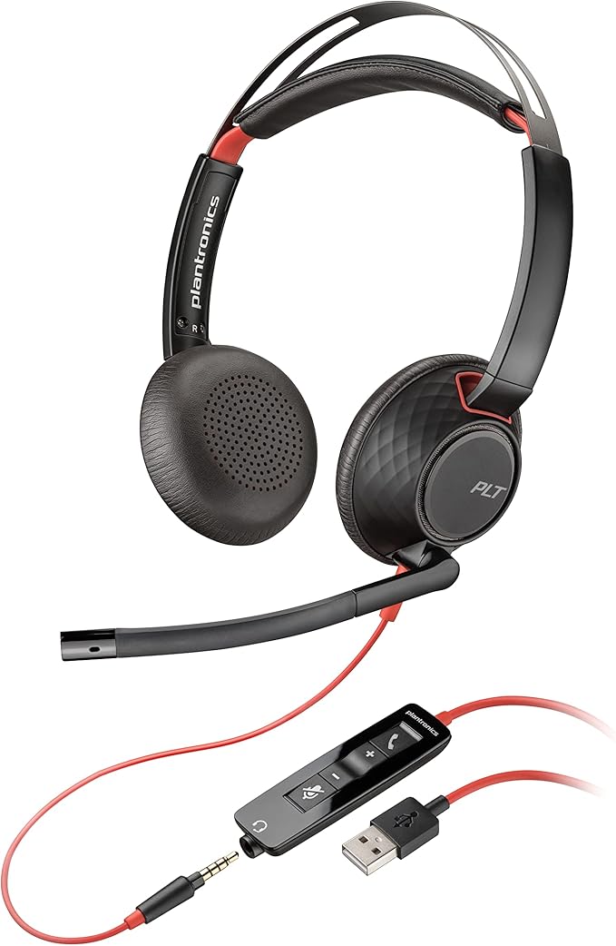 Poly - Blackwire 5220 USB-A Headset (Plantronics) - Wired, Dual Ear (Stereo) Computer Headset with Boom Mic - USB-A, 3.5 mm to connect to your PC, Mac, Tablet and/or Cell Phone