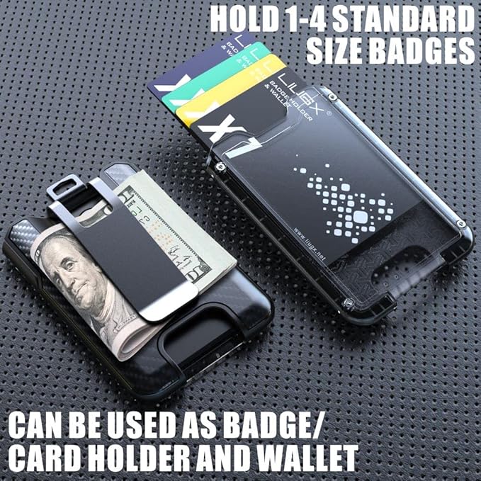 LIUGX Badge Holder, ID Card Holder with Metal Clip - Durable Polycarbonate (Holds 1 to 4 Cards), Portable Wallet for Office, Laborer, Police, Work, Black