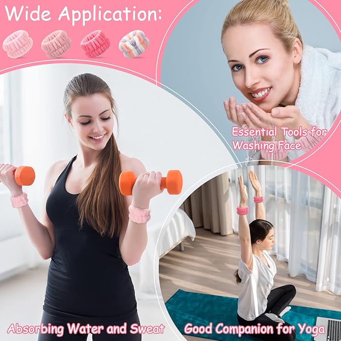 Chuangdi 4 Pairs Wrist Bands for Washing Face Wrist Spa Microfiber Wash Towel Band Scrunchies Absorbent Wristbands Sweatband for Women Prevent Liquid from Spilling