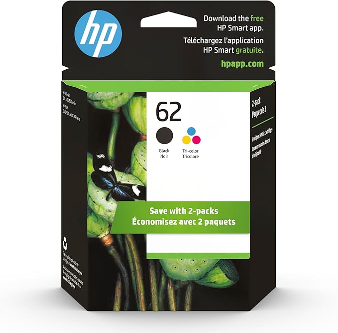 HP 62 Black/Tri-color Ink (2-pack) | Works with HP ENVY 5540, 5640, 5660, 7640 Series, HP OfficeJet 5740, 8040 Series, HP OfficeJet Mobile 200, 250 Series | Eligible for Instant Ink | N9H64FN