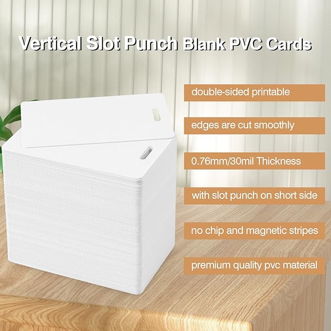 50 Pack Premium Blank PVC Cards with Slot Punch on Short Side - Vertical Slot Punch Blank ID Cards- CAETOUNG CR80 30 Mil Graphic Quality White Plastic Cards for Photo ID Badge Printers